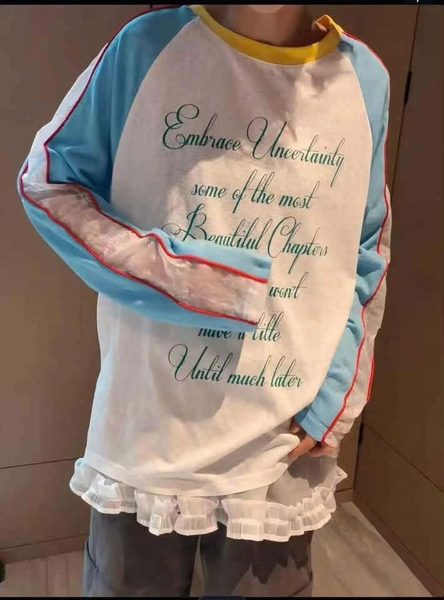 Áo cotton dài tay raglan ren phối xanh