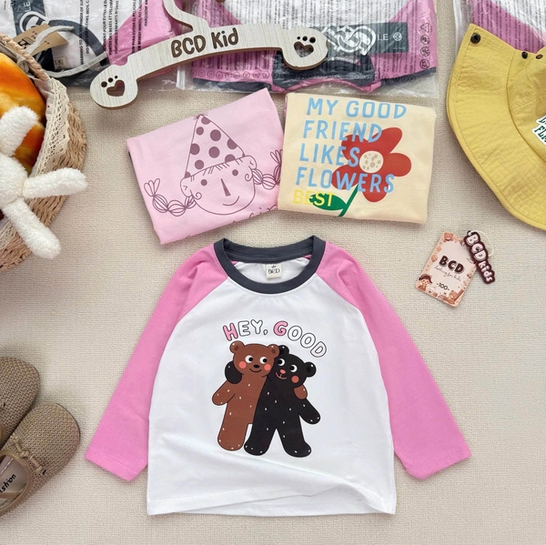 Set 3 áo dài tay cotton raglan tone hồng gấu, hoa...