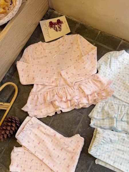 Set 2 bộ cotton dài tay đính nơ màu 2 màu xanh, hồng