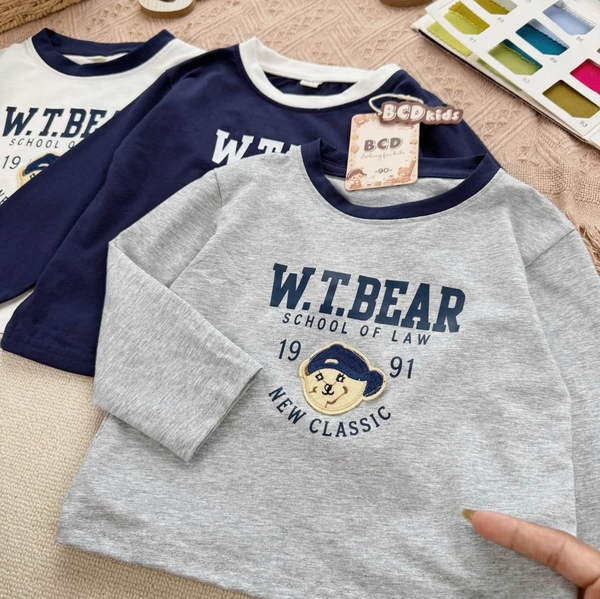 Set 3 áo cottn dài tay thêu đáp hình gấu W.T.BEAR