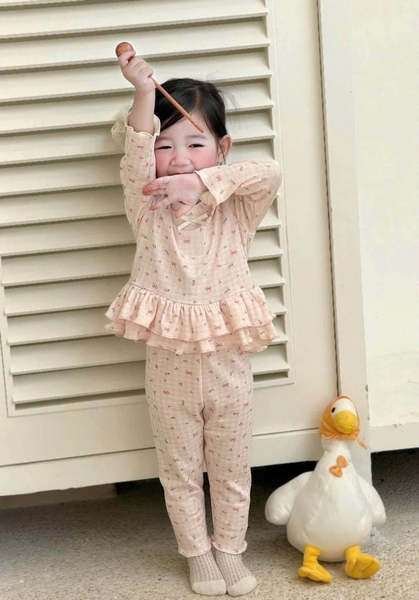 Set 2 bộ cotton dài tay đính nơ màu 2 màu xanh, hồng
