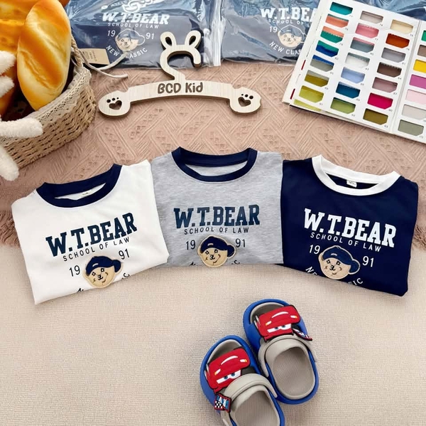 Set 3 áo cottn dài tay thêu đáp hình gấu W.T.BEAR