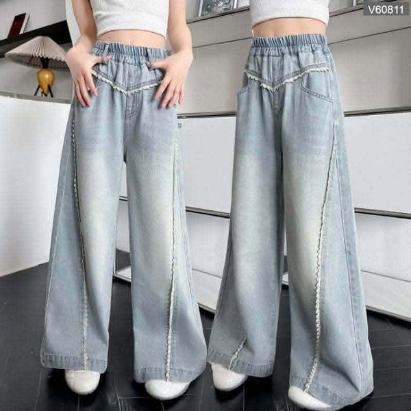 Quần jean suông viền ren size đại bé gái