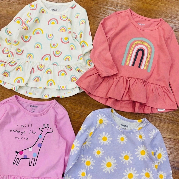 Set 3 áo cotton Bé Gái Pekkle dư xịn dài tay