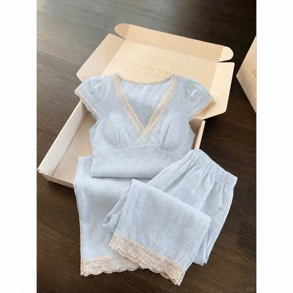 Bộ pyjama cộc tay cổ tim phối ren có đệm mút 2 màu xanh, vàng