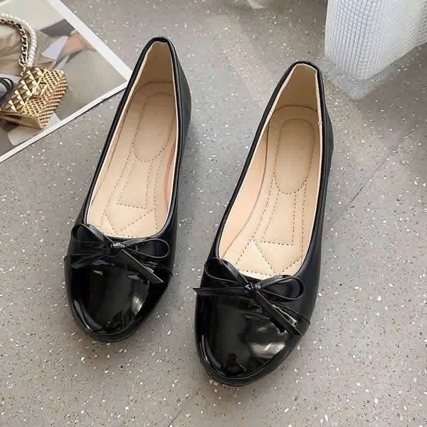 Giày búp bê đế bệt gắn nơ 2 màu đen, be cho nữ