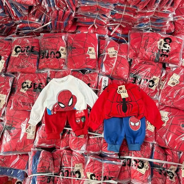 Set 2 bộ cotton dài tay Spiderman phối đỏ, trắng, xanh mix quần nỉ