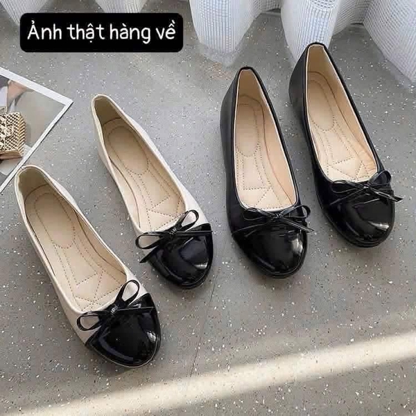 Giày búp bê đế bệt gắn nơ 2 màu đen, be cho nữ