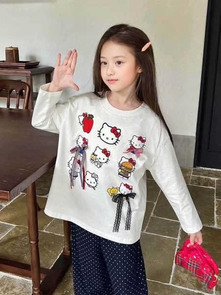 Áo thun dài tay trắng hình Hello Kitty đính nơ