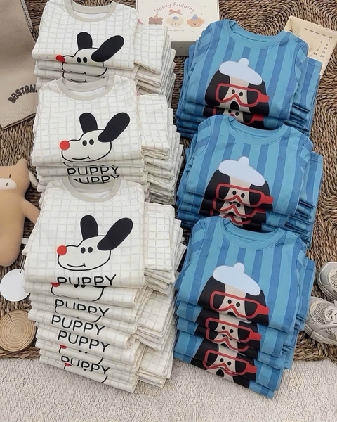 Set 2 bộ cotton dài tay puppy BCD KIDS tông xanh, trắng