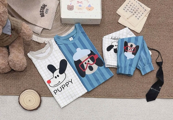 Set 2 bộ cotton dài tay puppy BCD KIDS tông xanh, trắng