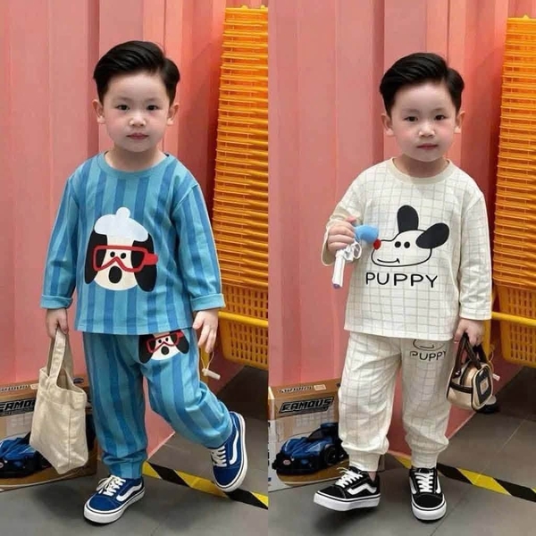 Set 2 bộ cotton dài tay puppy BCD KIDS tông xanh, trắng