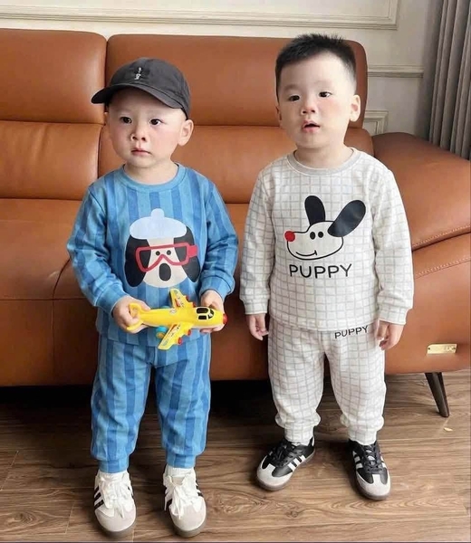Set 2 bộ cotton dài tay puppy BCD KIDS tông xanh, trắng