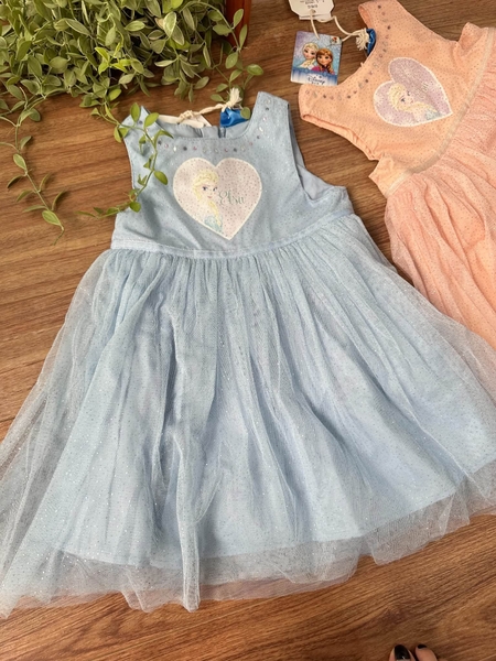 Váy đính cườm Elsa Frozen voan nhũ lấp lánh 2 màu hồng cam và xanh