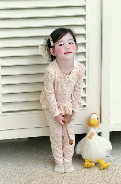 Set 2 bộ cotton dài tay đính nơ màu 2 màu xanh, hồng