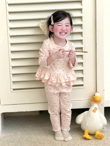 Set 2 bộ cotton dài tay đính nơ màu 2 màu xanh, hồng