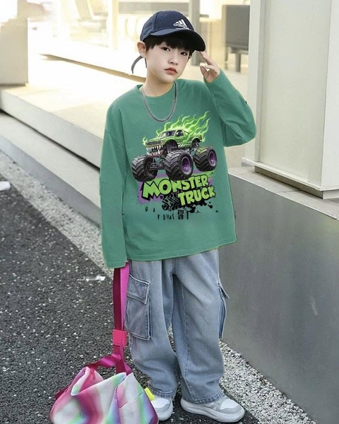 Bộ áo cotton Monster Truck xanh lá quần jeans ELAINE