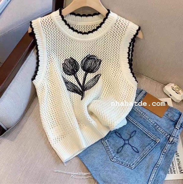Áo ba lỗ lưới trắng viền đen hoa tulip