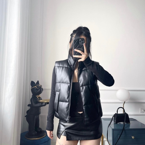 Áo gile phao da đen Zara 2 loại: da bóng, da lì