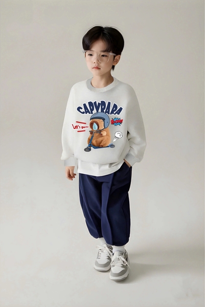 Bộ nỉ raglan Capybara trượt xe phối xanh trắng dài tay hãng Nabi