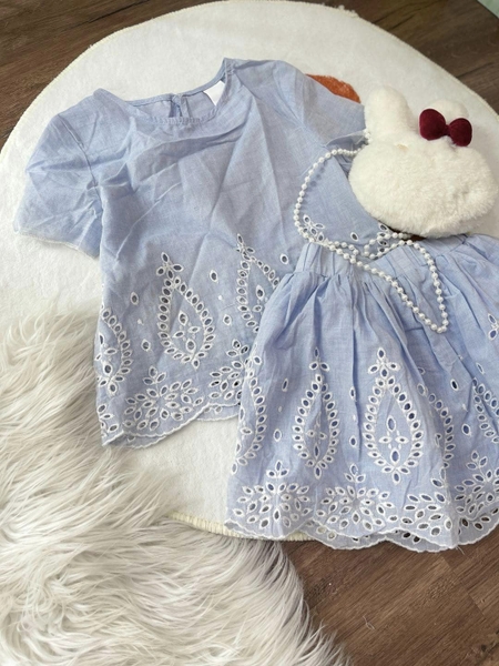 Set bộ cộc tay ren thô chân váy màu xanh xuất Anh