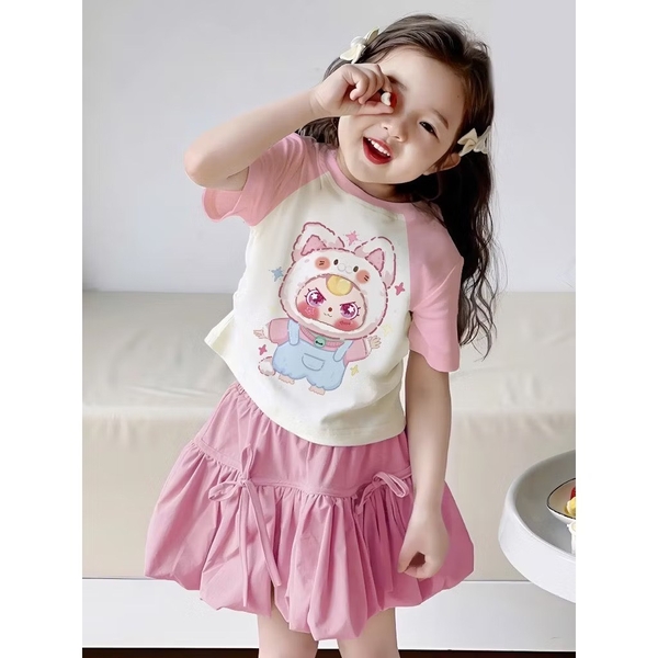 Bộ Baby Three mèo áo raglan trắng hồng mix chân váy nơ