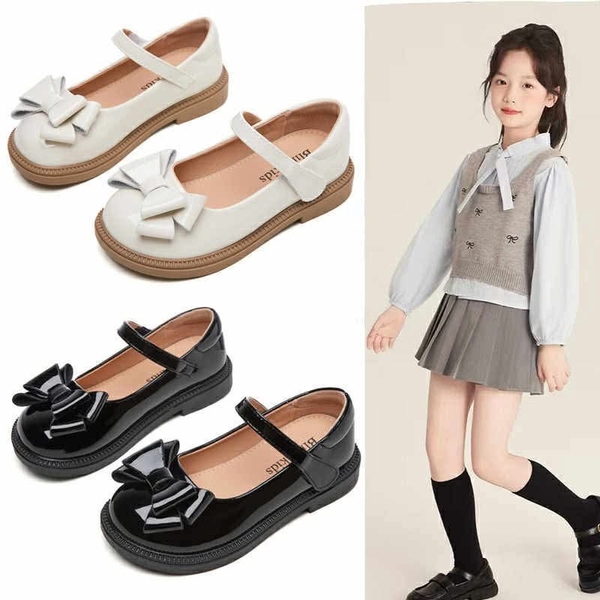 Giày búp bê đính nơ hai màu đen và kem