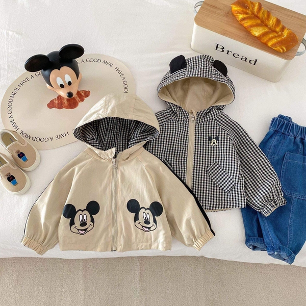 Áo khoác kaki mềm Mickey 2 mặt màu be nâu cho bé
