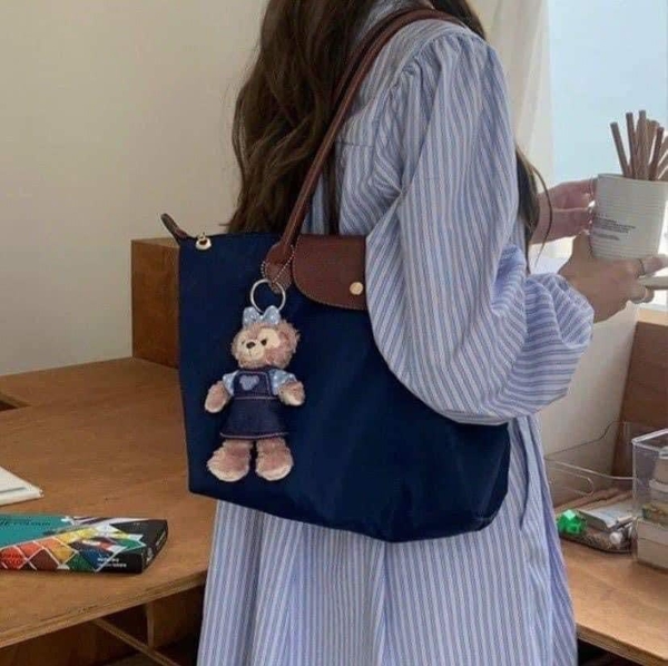 Túi tote Long Champ màu xanh navy quai nâu 2 size
