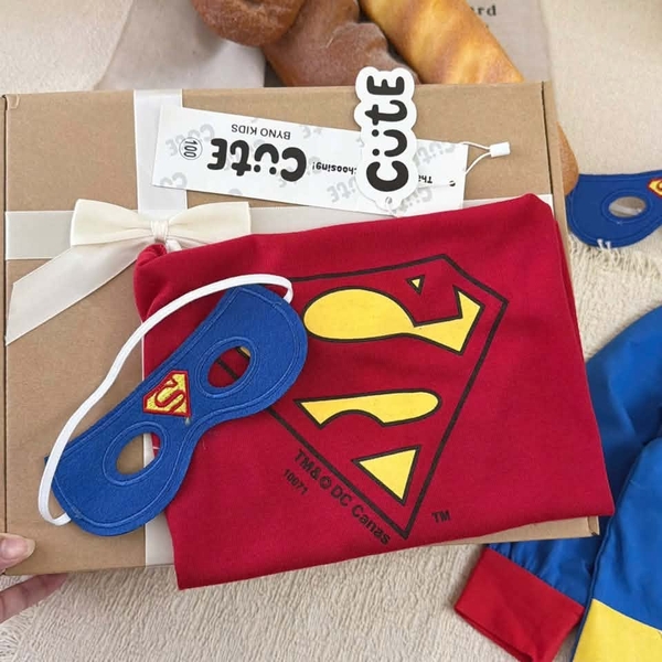Bộ cotton Superman dài tay xanh đỏ kèm áo choàng và mặt nạ