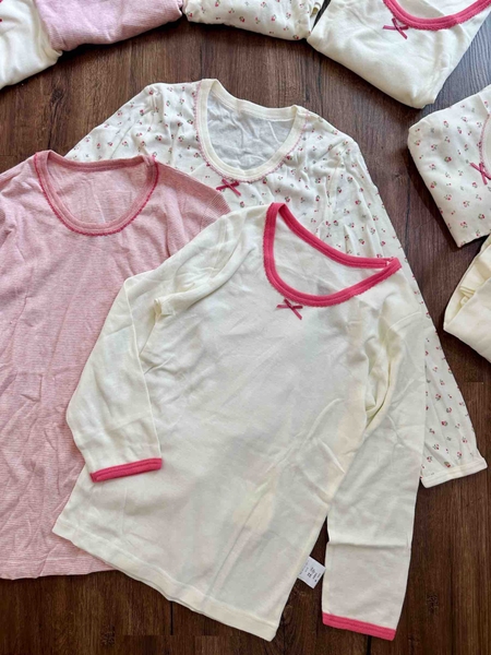Áo cotton dài tay xuất Nhật mẫu hoa nhí, kẻ ngang, trắng nơ