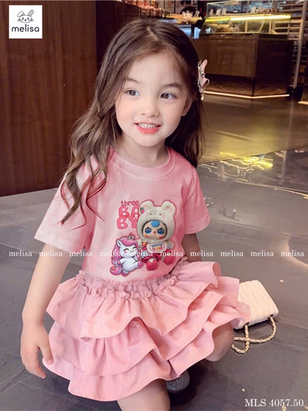 Bộ cotton cộc tay Baby Three Melisa chân váy bồng màu hồng cam