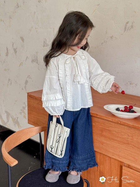 Bộ vintage sơ mi thô trắng dài tay mix quần jean viền bèo ống loe Hi.Sun