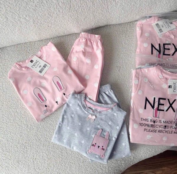 Set 2 bộ cotton dài tay chấm bi thỏ tông hồng, ghi