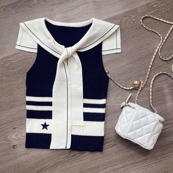 Áo dệt kim Miumiu cổ thuỷ thủ 2 màu navy, trắng