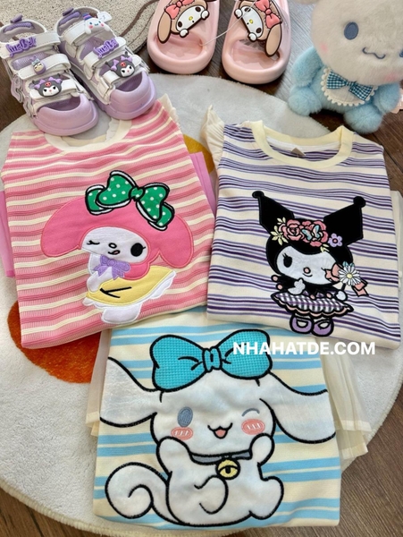 Váy cánh tiên CÓ TÚI kẻ ngang phối trắng hình Cinnamoroll, My Melody, Kuromi