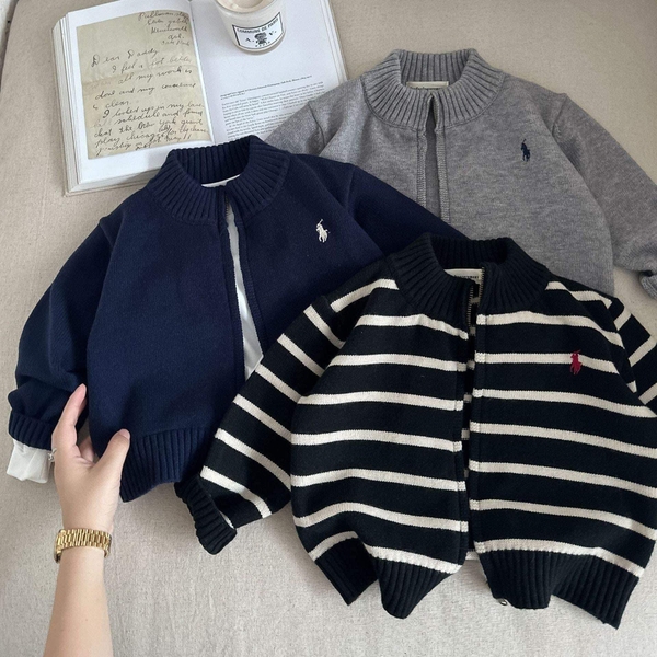 Áo khoác cardigan len cổ tròn kéo khóa polo 4 màu
