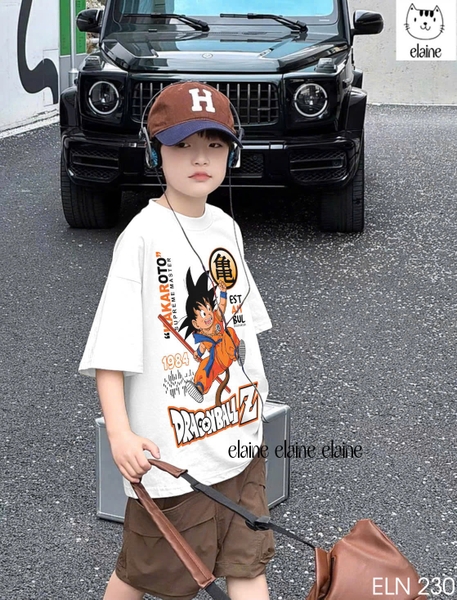 Bộ cotton Songoku áo trắng mix quần nâu hãng Elaine