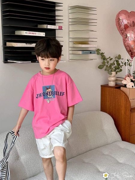 Bộ cộc tay Hi.Sun áo hồng quần trắng in họa tiết