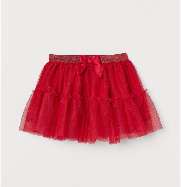Chân váy voan mềm H&M nhũ lấp lánh cạp chun đính nơ 3 màu xanh, hồng, đỏ