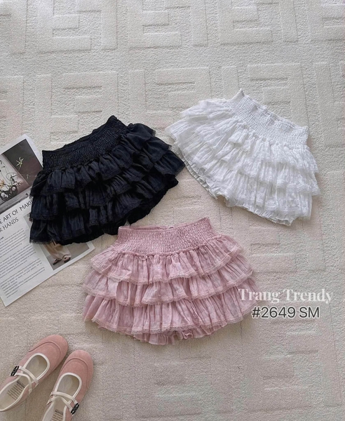 Chân váy ren 3 tầng GOGANG cạp bo chun smocked màu đen, hồng, trắng
