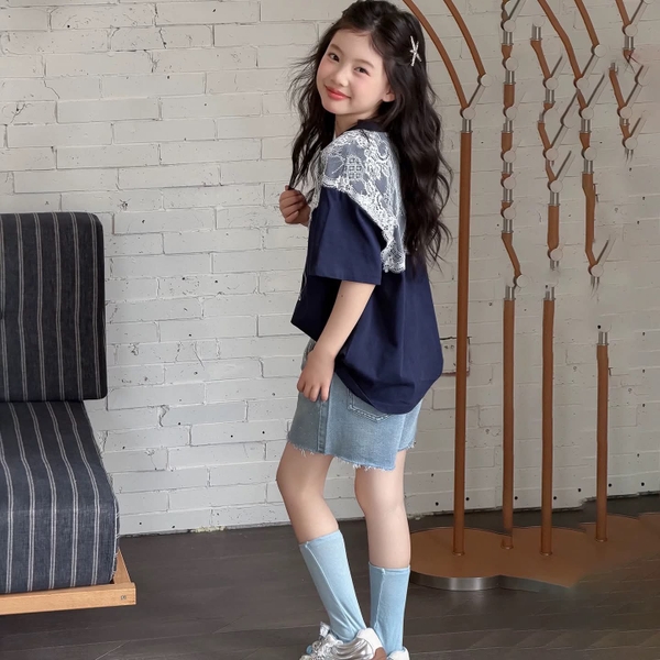 Áo phông cộc tay 3D cổ phối ren nơ màu navy size đại bé gái