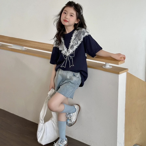 Áo phông cộc tay 3D cổ phối ren nơ màu navy size đại bé gái