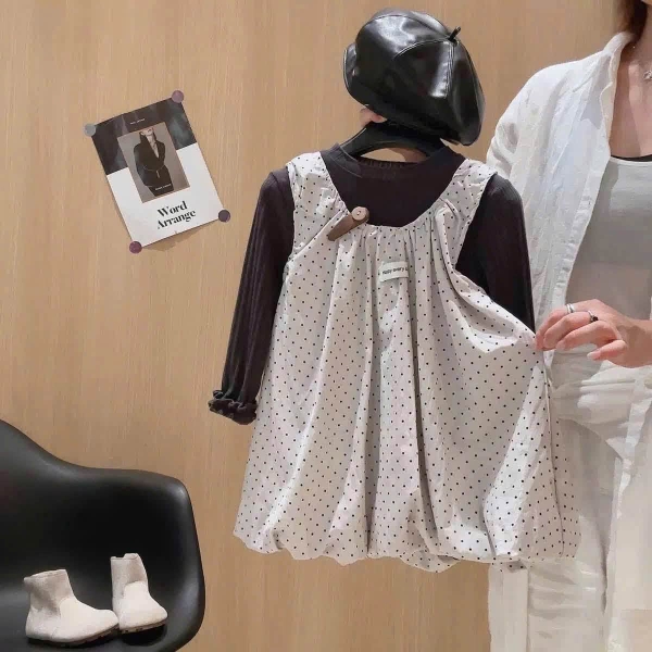 Set áo kèm váy bí chấm bi 2 màu trắng, xám