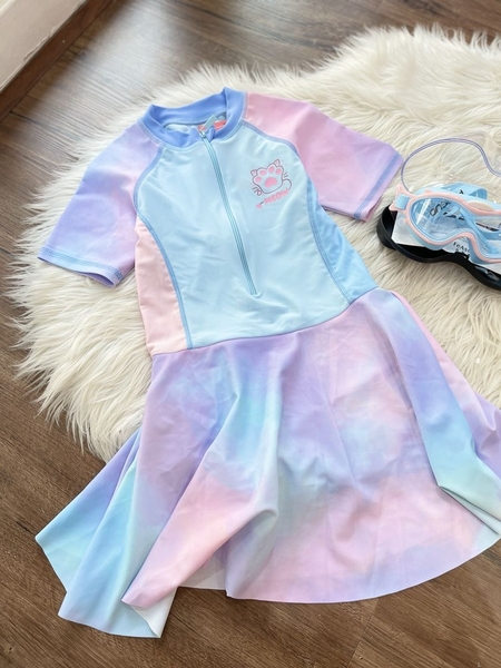 Bộ bơi bé gái cộc tay liền mảnh dáng váy MEOW phối loang