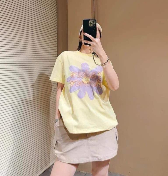 Áo phông cotton cộc tay Pull&Bear màu vàng chanh hoa tím