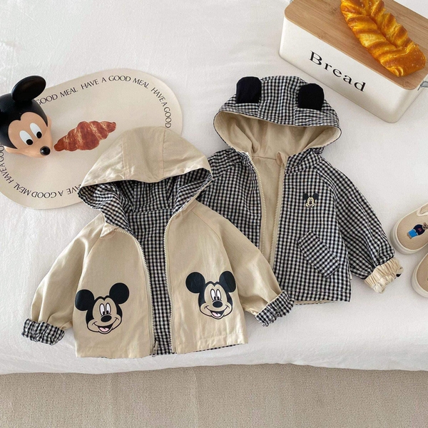 Áo khoác kaki mềm Mickey 2 mặt màu be nâu cho bé