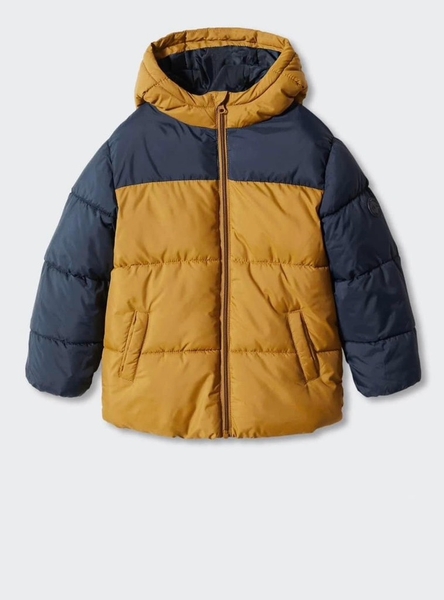 Áo khoác phao Mango mũ liền phối 2 màu xanh rêu-navy, cam-navy