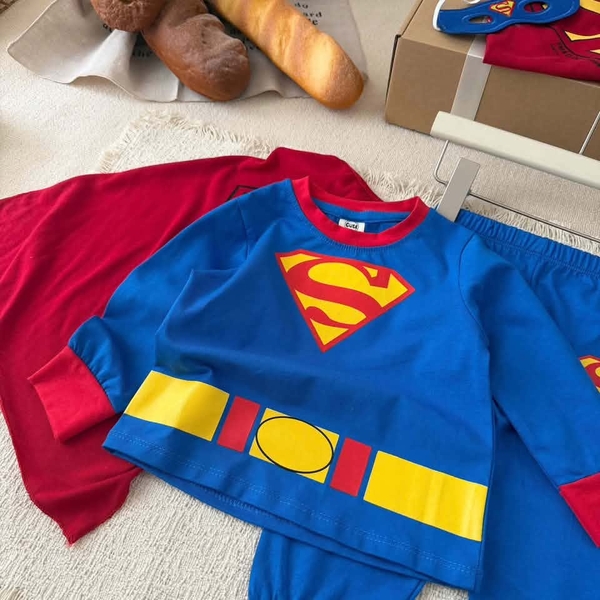 Bộ cotton Superman dài tay xanh đỏ kèm áo choàng và mặt nạ
