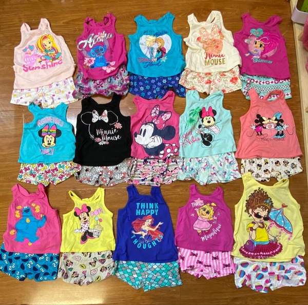 Bộ cotton bé gái sát nách nhiều mẫu Mickey, Minnie, Elsa, tiên cá...hãng Sesame Street và Disney